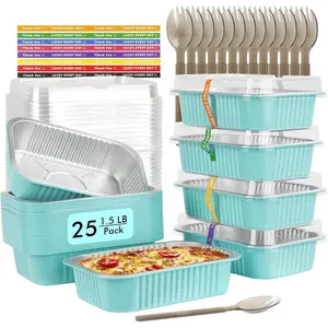 1.5lb Small Baking Pans with Lids 25 Pack, 7” x 5” Aluminum Foil Containers Individual Cake Tins,24oz Heavy Duty Takeout Leftover Containers Meal Prep Holders Boxes for Oven-Blue