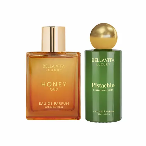 Duo Desirée by BellaVita Luxury | 2x100 ml Perfume Set | Pistachio & Honey Oud | Luxury Unisex Perfume for Men & Women | Long Lasting, Fruity, Floral, Sweet, Spicy & Woody Notes | Luxury, Vegan & Cruelty Free Eau De Parfum