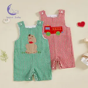 Unisex Toddler Baby Plaid Overalls Romper, Square Neck Sleeveless Bodysuit with Truck/Dog Embroidery, Cute Summer Baby Clothing