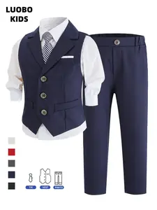 Premium Boys Formal 3-Piece Suit | Lapel Vest + Elastic Waist Pants + Striped Tie | 5 Colors: Red, White, Black, Navy, Gray | Sizes 100-150cm | Slim Fit Ring Bearer Outfit for Weddings & Performances (No Shirt)-20072