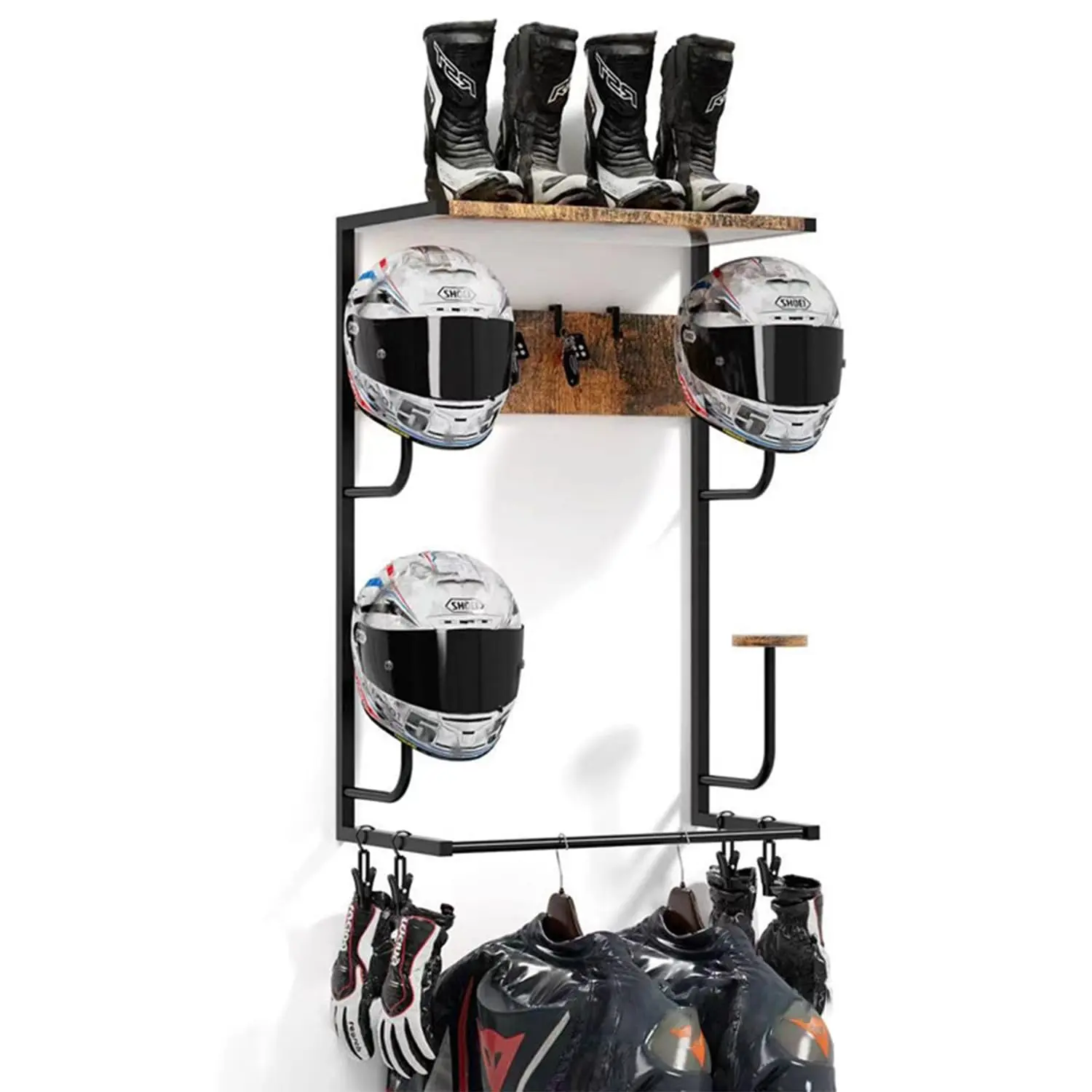 Motorcycle Helmet Rack Wall Mount, Helmet Stand Holder , Storage Display Organizer Rack With Clips & Hooks for Multiple Helmets and Clothes