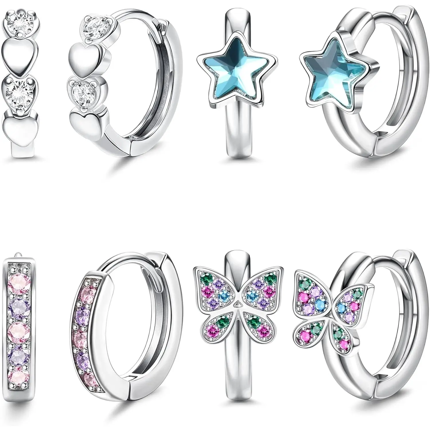 YADOCA Hypoallergenic Earrings For Girls Women Small Huggie Hoop Earrings Sleeper Double Love Heart Earrings Cute Tiny CZ Butterfly Star Cartilage Earrings Hoop Set 10mm