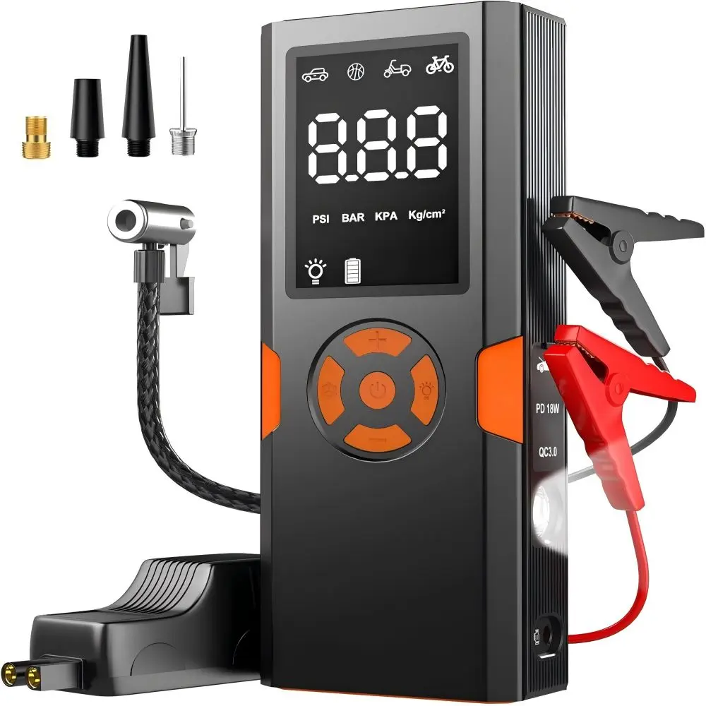 Jump Starter with Air Compressor,4500A Car Battery Jump Starter Portable (10L Gas/8L Diesel), 12V Jump Start Battery Pack Jump Box with Smart Jumper Cables, Tire Inflator, LED Light