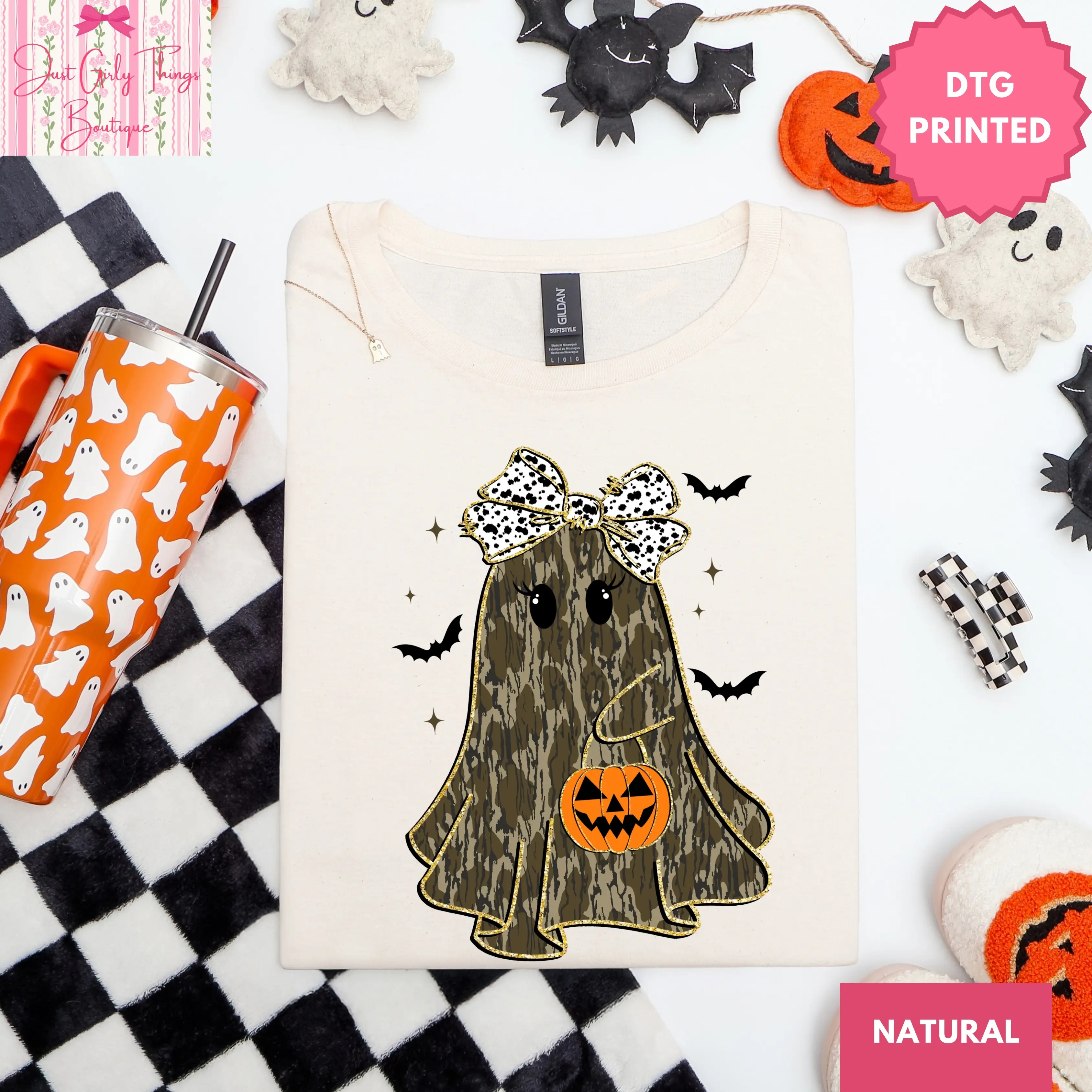 Coquette Camo Ghost Shirt - Gildan 64000 Softstyle/Gildan 5000 Heavy Cotton Tee -  Coquette Camouflage Ghost Shirt, Camo Halloween Shirt, Camouflage Halloween Shirt, Howdy Halloween Shirt, Western Halloween Shirt, Halloween Bow Shirt, Retro Camo Ghost Tee