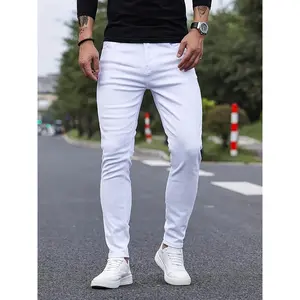 Men'S Skinny Fit Denim Jeans, Casual Mid Waist White Pants, Solid Color Stretch Cotton Blend, with Belt Detail, for All-Season Zipper Fly Trousers