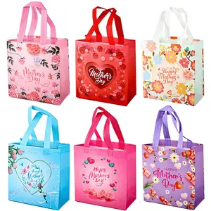 6/12 Pcs Happy Mother's Day Gift Bags with Handles Non Woven Reusable Floral Mom Tote Bags Bulk for Mothers Day Party Supplies, Gift Ideas, 8.7 x 4.3 x 9.1 Inch