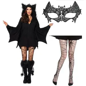 Women's Bat Costume Halloween Dance Outfit with Lace Mask & Spiderweb Tights Black Minimalist Winter Basic Clothes Womenswear