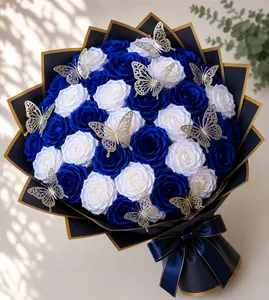 NORELD Blue & White Satin Ribbon Rose Bouquet with Butterflies | Graduation Gift | Handmade Forever Flowers | Keepsake Bouquet