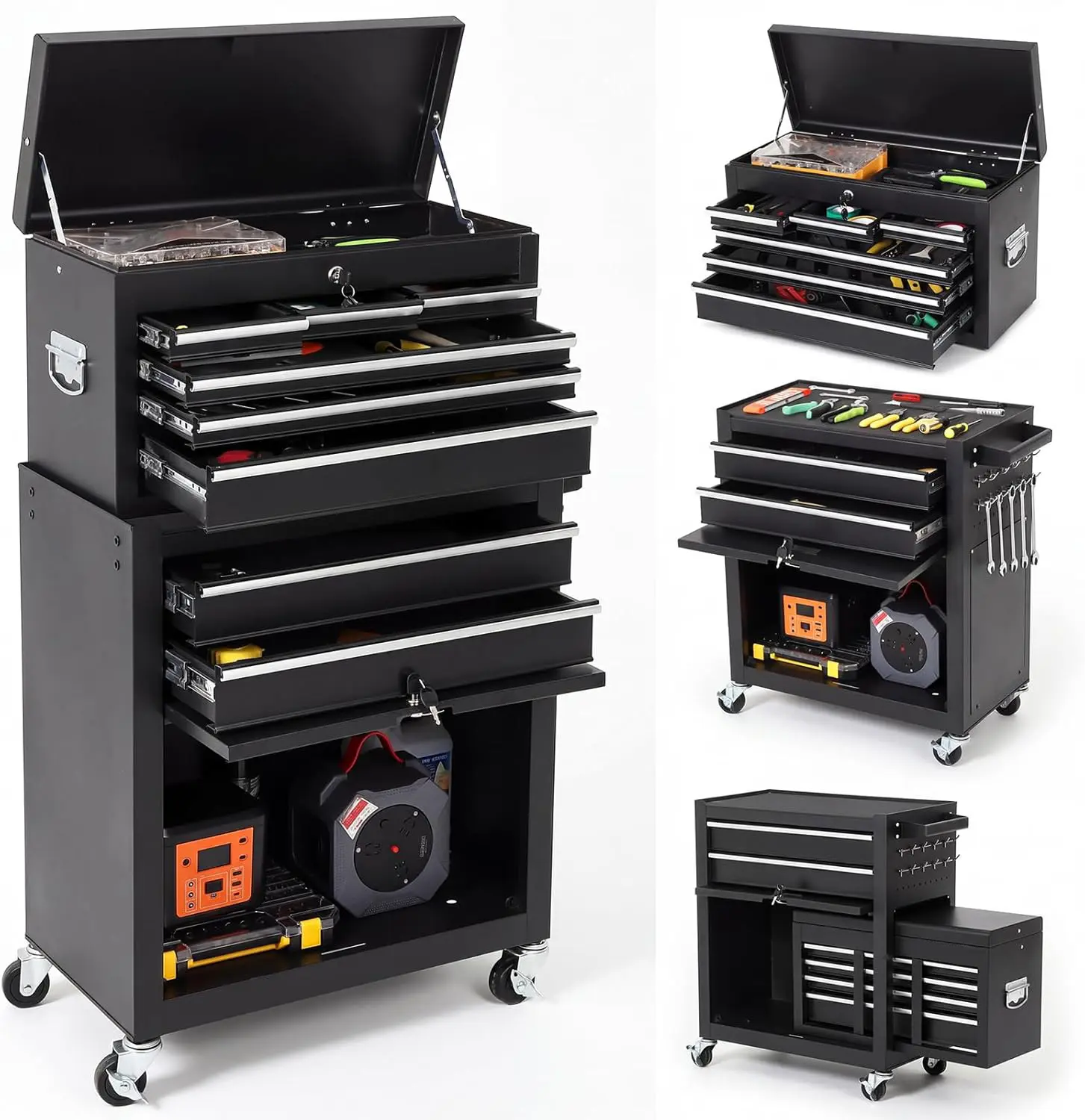 Tool Storage Cabinet with Lock, 8-Drawer Rolling Metal Tool Cart with with a Detachable Top Toolbox, Protective Lining and Tool Rack, Heavy Duty Steel Mobile Tool Cart with 360° Swivel Casters for Garage and Workshop Organization