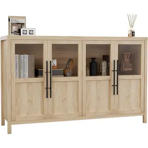 Off-white 55 Inch Sideboard Buffet Cabinet with Four Glass Doors Large Modern Farmhouse Storage for Kitchen Dining and Living Room Natural