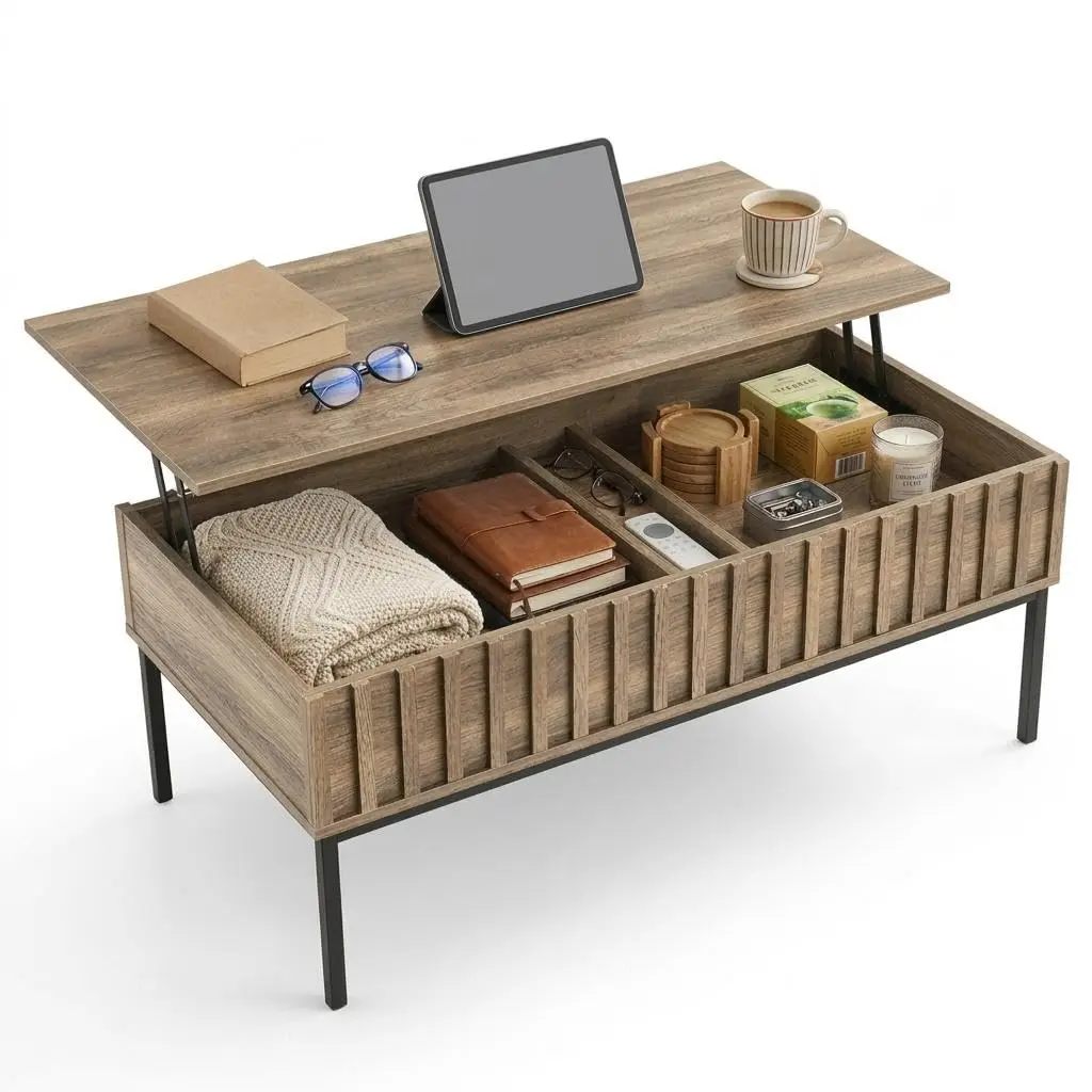 Adjustable Height Lift Top Coffee Table with Storage - Modern 2-Tier Wooden Living Room Center Table for Gaming & Working, Removable Shelf, Metal Frame, Teak Color + Black, Assembly Required Indoor Furniture