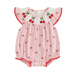 Emmababy Newborn Smocked Baby Girl Bubble Romper Sleeveless Ruffle Linen Onesie Bodysuit Infant Cherry Fruit Summer Outfits 0-18 Months