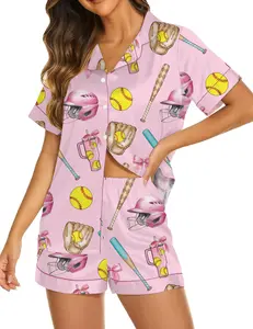 Women's Pink Satin Pajama Set – Softball Print Sleepwear, Sporty Summer Loungewear