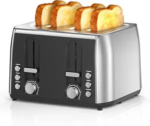 4 Slice Stainless Toaster with 6 Toasting Bread Shade Settings, Dual Control Panels with Extra Wide Slots, Removable Crumb Trays, Toaster for Waffles, Bagels, Bread, 1800W