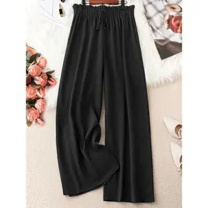 Women'S Plus Size Casual Straight-Leg Pants, 100% Polyester Woven Fabric, Solid Color, Non-Stretch, All Season Comfort Fit - J070