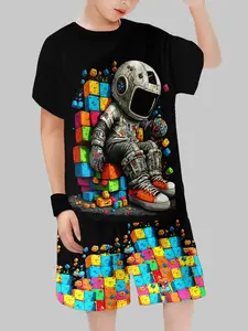 Astronaut Building Block Print Boys' Short Sleeve Set, Creative Exploration & Casual Play Design, Perfect for Summer Clothes