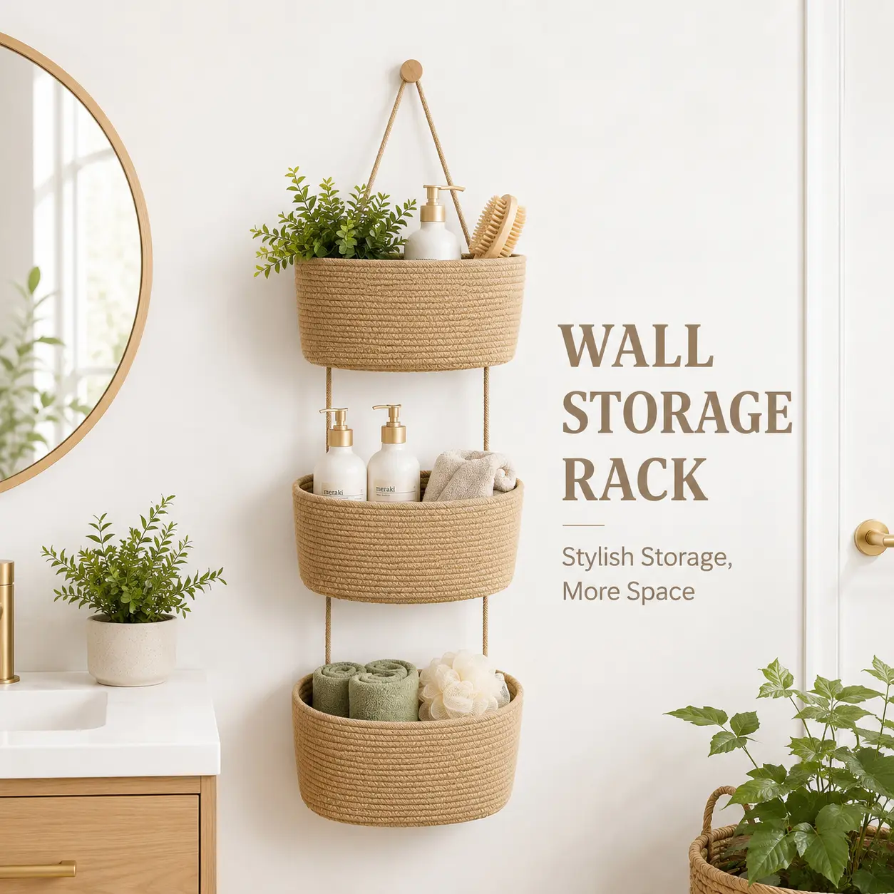 Woven cotton 3-Tier Over the Door Basket, Wall-Mounted Jute Bathroom Storage Organizer – Decorative Nursery Baskets, Perfect for Busy Mom/Dad to Store Diapers & Toys small basket laundry basket house organizers With Hook