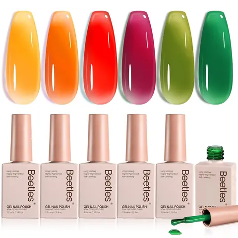 Beetles Jelly Gel Nail Polish Kit - 6 Sheer Translucent Neon Summer 7.5ml Bottles, Buildable Long-Lasting Soak-Off UV Formula, Glossy Finish, Cosmetic Nail Care for Adults, From Office to Party, Ideal for Anniversary/Birthday Gift