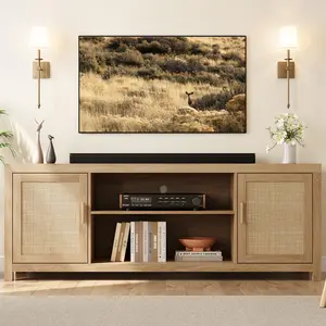 Rattan TV Stand for TVs Up to 75 Inch, Boho Entertainment Center with Adjustable Shelves, Natural Oak Media Console for Living Room