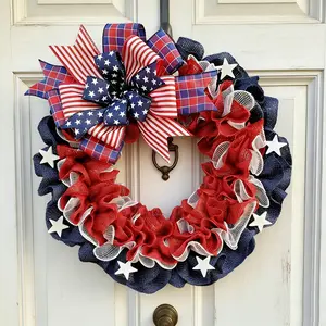 Patriotic Wreath for Front Door, Independence Day Decorations, Memorial Day Flag Wreath, Blue Color Wall Decoration