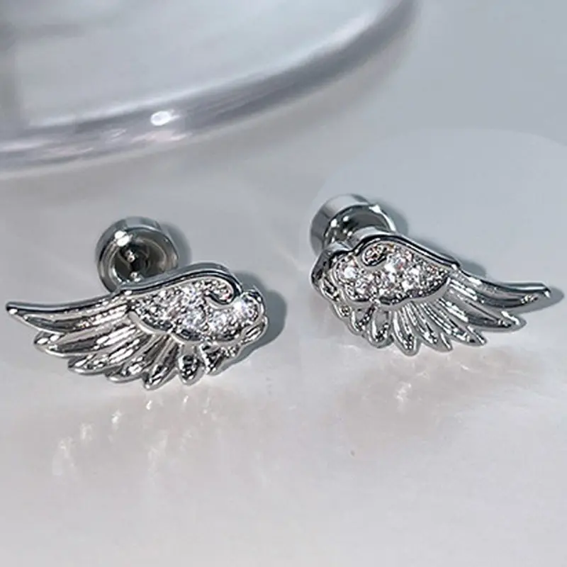LUX-JEWEL - Luxury Zircon Angel Wing Cross Stud Earrings for Women Shiny Crystal Wings Fashion Silver Color Vintage Ear Studs Jewelry Gifts