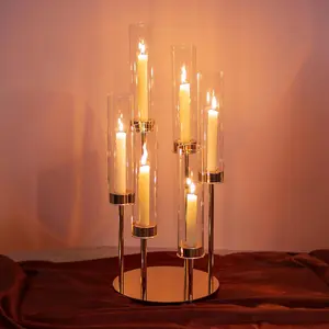 Hurricane Glass Candle Holders: 6 Arms  Metal Candlestick Candelabra with Removable Clear Cylinder Sleeve 24 inch Tall Candelabras Large Taper Holder for Outdoor Wedding Table Centerpiece