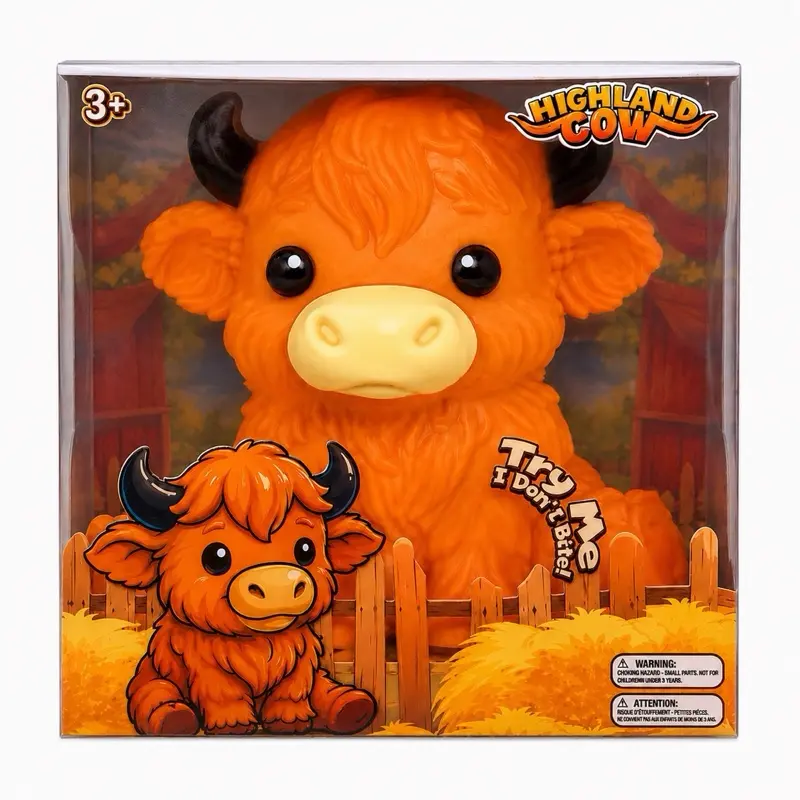 Highland Cow Squishy Toy – Slow Rising Sensory Squeeze Toy – Soft Stress Relief Fidget – Orange Farm Animal Gift