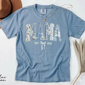 Comfort Colors Mama Est 2026 Shirt, Floral Faux Patchwork Mama Tee With Bow, New Mom Pregnancy Announcement Gift, Baby Shower Gift, Mother's Day - TrendWear USA