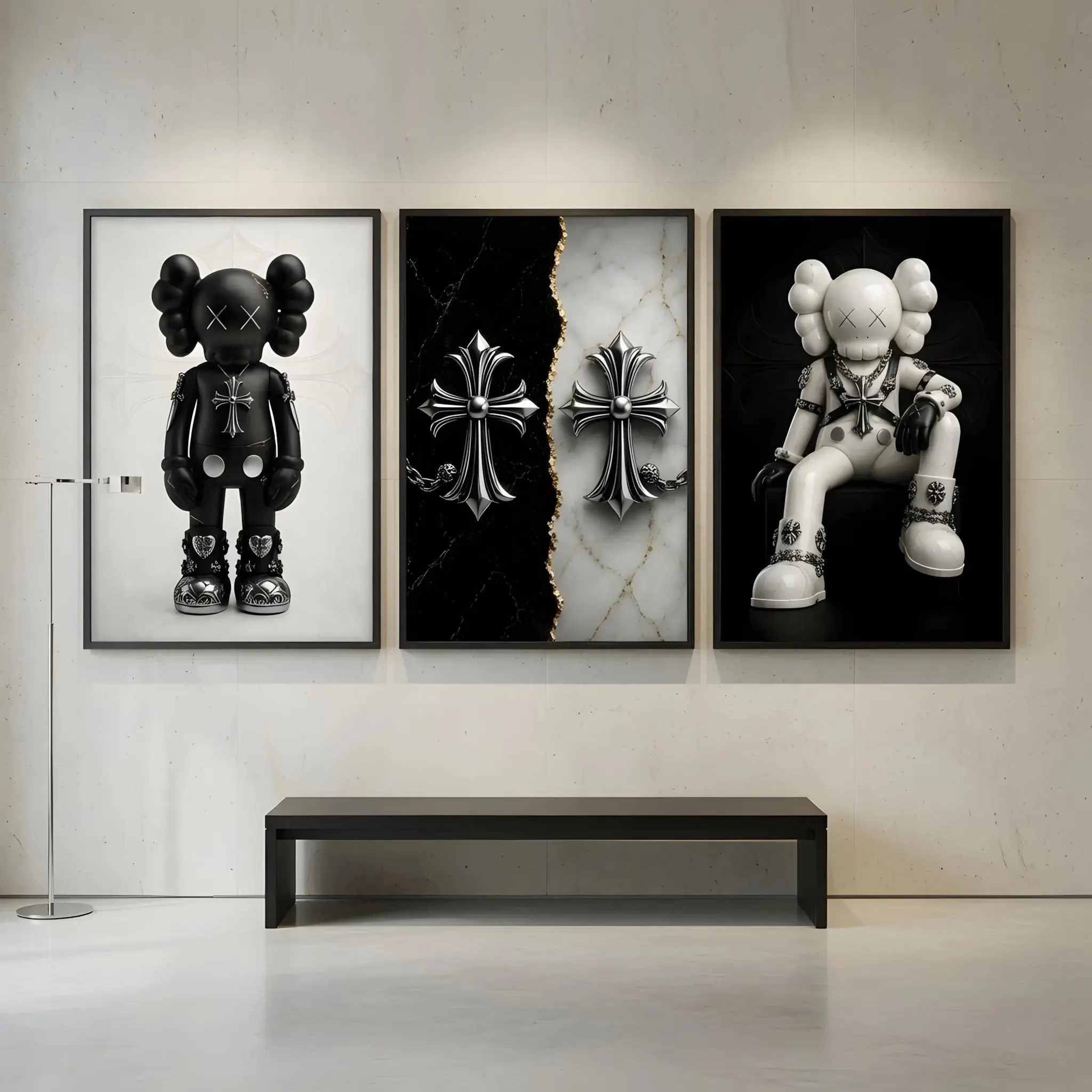 Chrome Hearts x Kaws 3-Piece Poster Set, Black-White Hypebeast Wall Art, Gothic Luxury Decor, Silver Cross Prints, Dark Fashion Room Accent