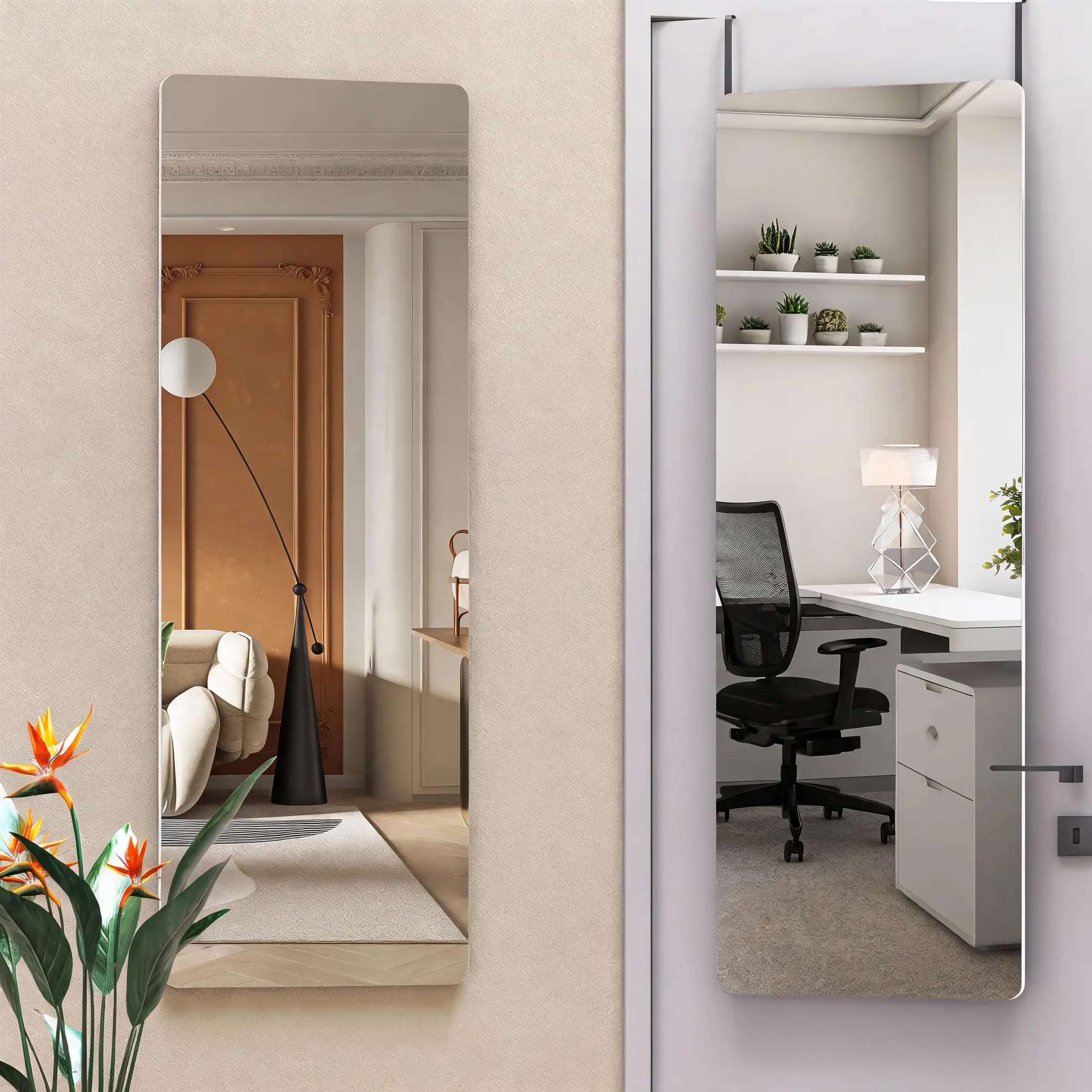 Full-Length Over-the-Door Mirror, 47" x 16", Round White Frame – Wall-Mounted or Hanging Design for Bedroom, Living Room, Cloakroom