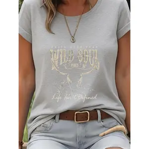 GGOR Wild Soul Graphic T-Shirt Bohemian Style Design Suitable for Adventurers And Casual Wear Fashion Trendy Short Sleeve Top with Crew Neck Medium Stretch Fabric 1 Three-Color Women'S Clothing