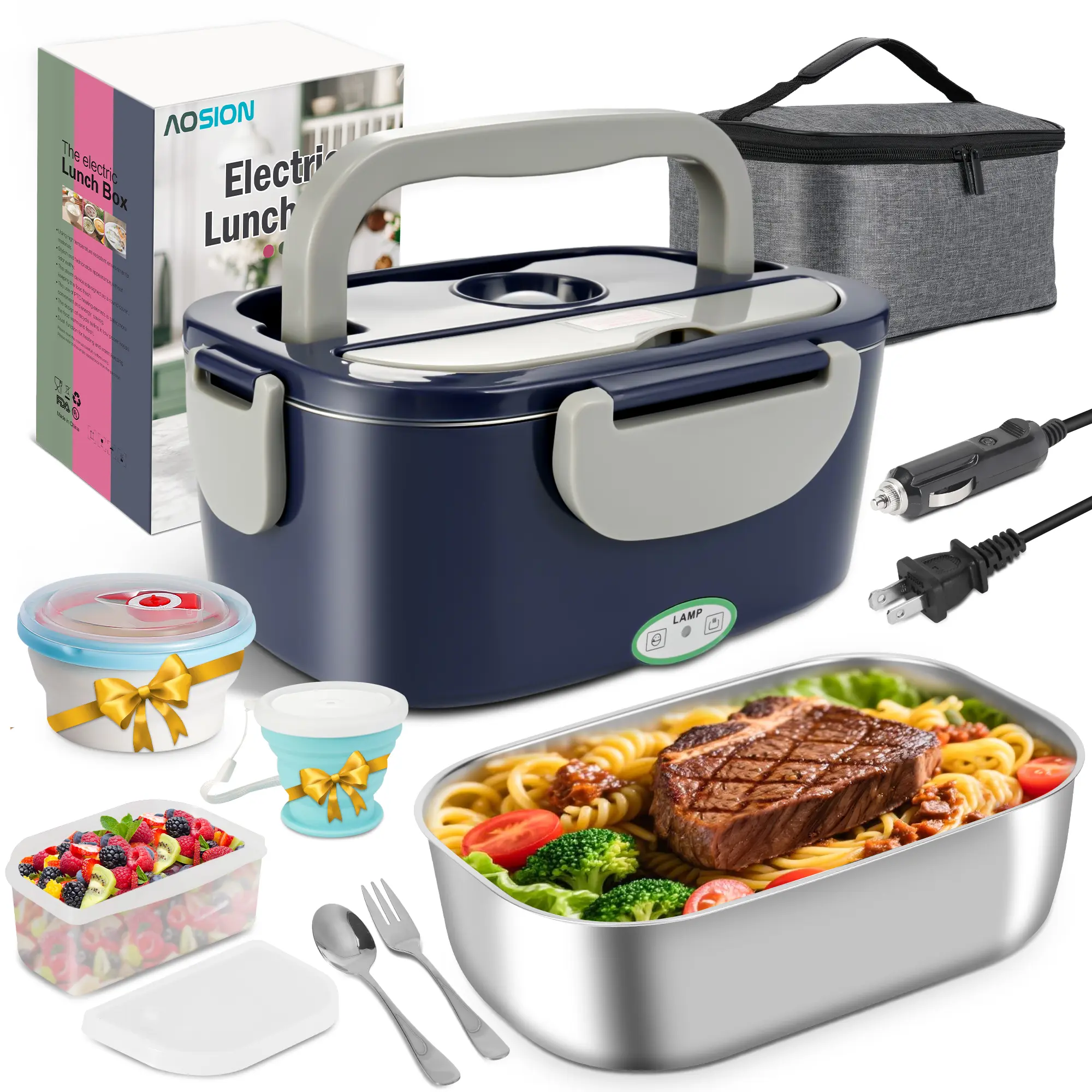 Electric Lunch Box for Adults, 3 IN 1 Heated Lunch Box with 1.5L Container, 80W Lonchera Eléctrica Portátil, Food Warmer for Car/Truck/Office, Gift for Men (Blue)