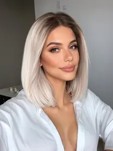 Short Straight Wigs for Women, Gorgeous Fluffy Blonde Highlight Bob Wig without Bangs, Synthetic Lace Front Wigs for Party, Daily Use