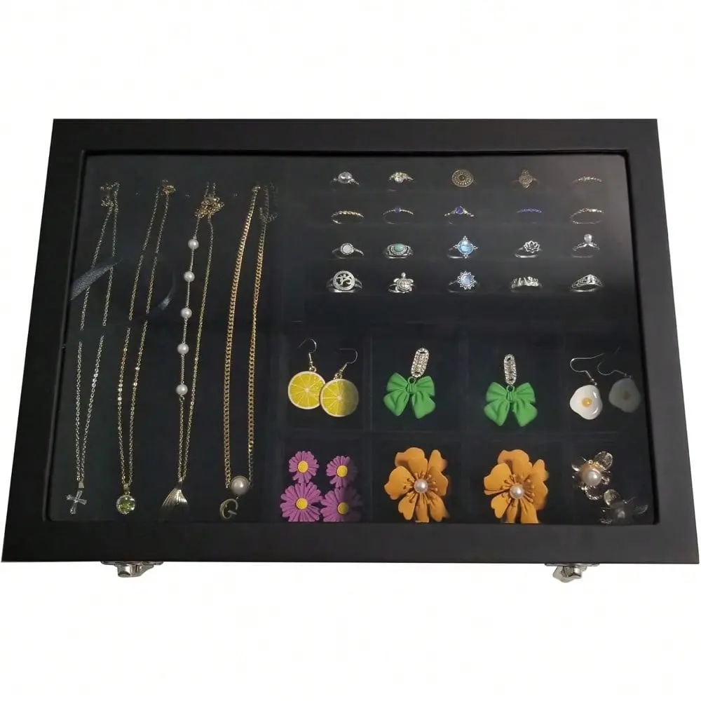 Leather Jewelry Organizer Box with Glass Lid - Black, 10 Necklace Hooks & 10 Ring Slots, Bracelet Storage, Buckle Closure for Women, Black-10 Necklace Hooks Mix 10 Ring Slots