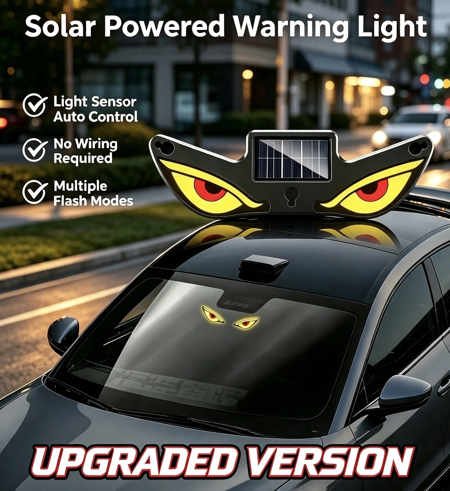 Solar Powered Car Rear Window LED Warning Light - Vampire Devil Eye Dynamic Panel, Wireless Smart Sensor, Aggressive Street Style Car Accessories for All Vehicles, Vehicle & Auto Parts Accessories
