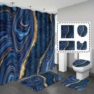 [Popular Choice]1pc/4pcs, bathroom curtains shower, bathroom set, shower curtains, bathroom rug, home decoration, bathroom mat, blue marble pattern, simple and luxurious theme decoration, bathroom set, and 12 hooks are given away.