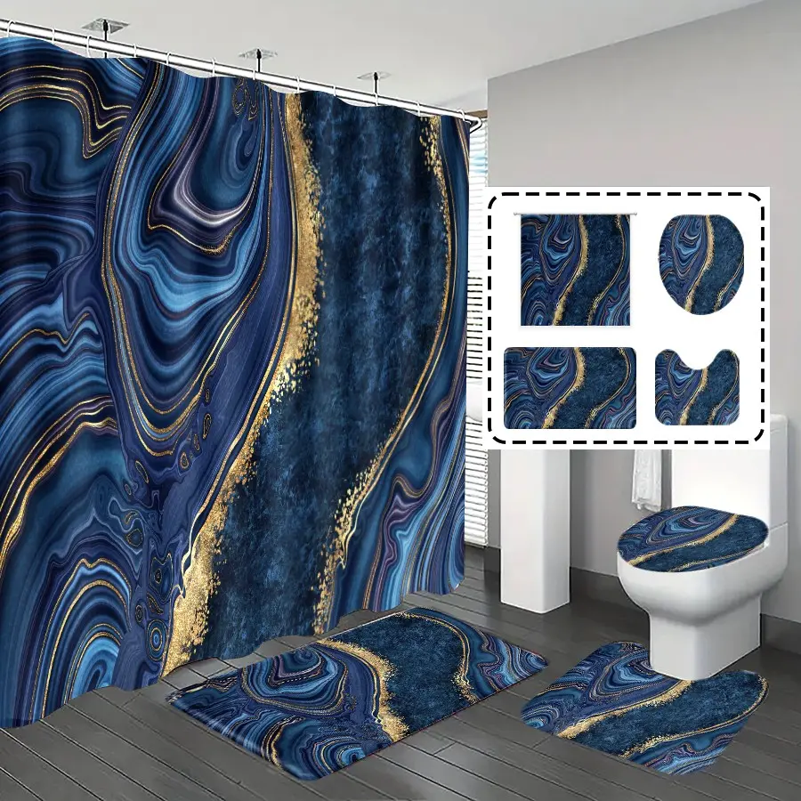 [Popular Choice]1pc/4pcs, bathroom curtains shower, bathroom set, shower curtains, bathroom rug, home decoration, bathroom mat, blue marble pattern, simple and luxurious theme decoration, bathroom set, Shower Curtain Sets, and 12 hooks are given away.