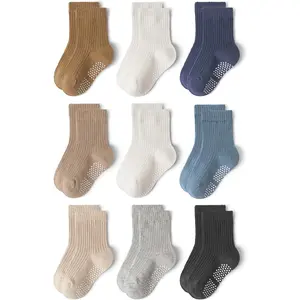 Baby Socks with Grips - 9 Pairs Toddler Winter Socks, Non-Slip Cotton Crew Socks with Anti-Skid Dots for Infant Boys & Girls