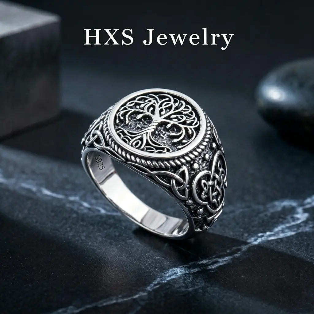 HXS 925 Sterling Silver Tree of Life Celtic Knot Norse Viking Statement Ring, Unisex Ring Jewelry for Men and Women