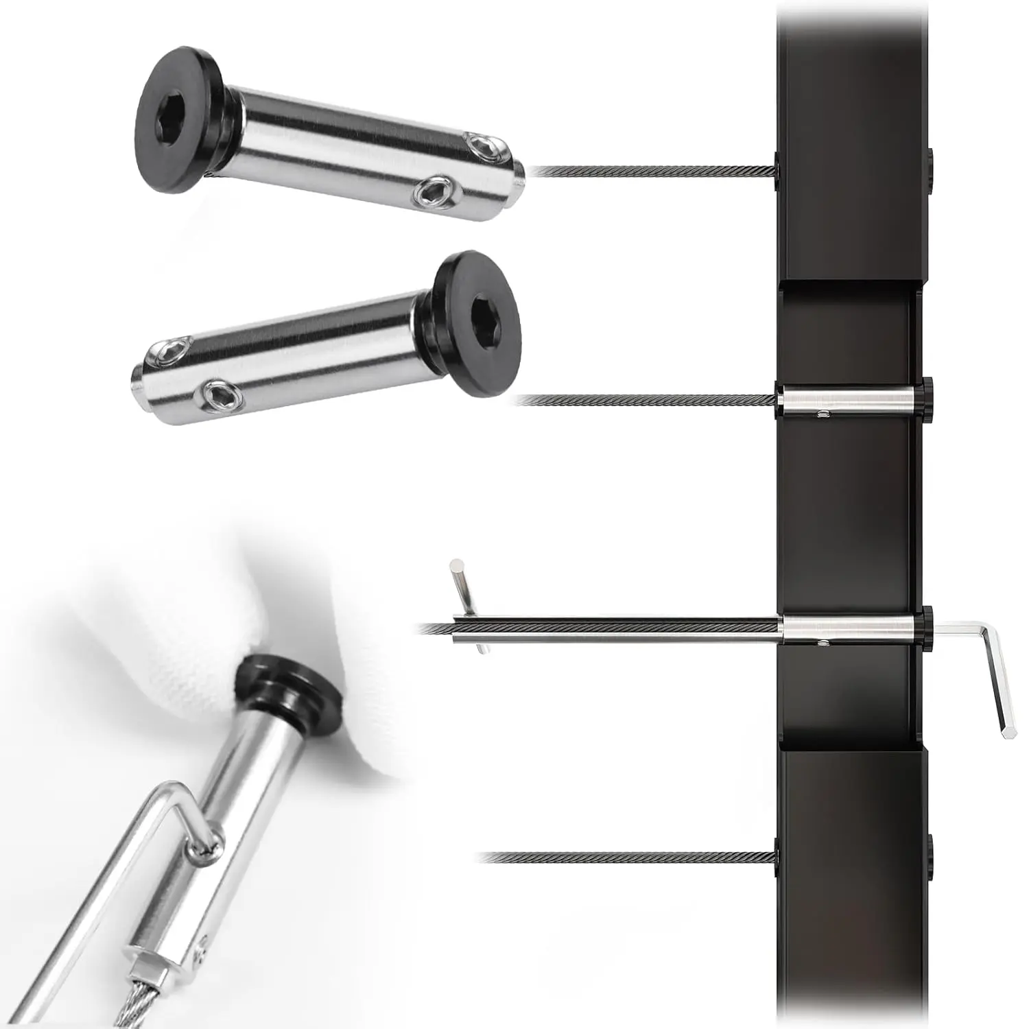 Swageless Cable Railing Kit 1/8" Invisible Tensioner and Terminal Black Flat Head Hidden Cable Rails for Metal Post Deck Stairs for 10 Cable Runs-CB05