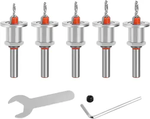 5PCS Carbide Tipped 90° Countersink with Adjustable Low Friction Depth Stop Multifunctional Round Shank Bore Woodworking Drill Bit Taper Drill Bit Counterbore Drill Bit