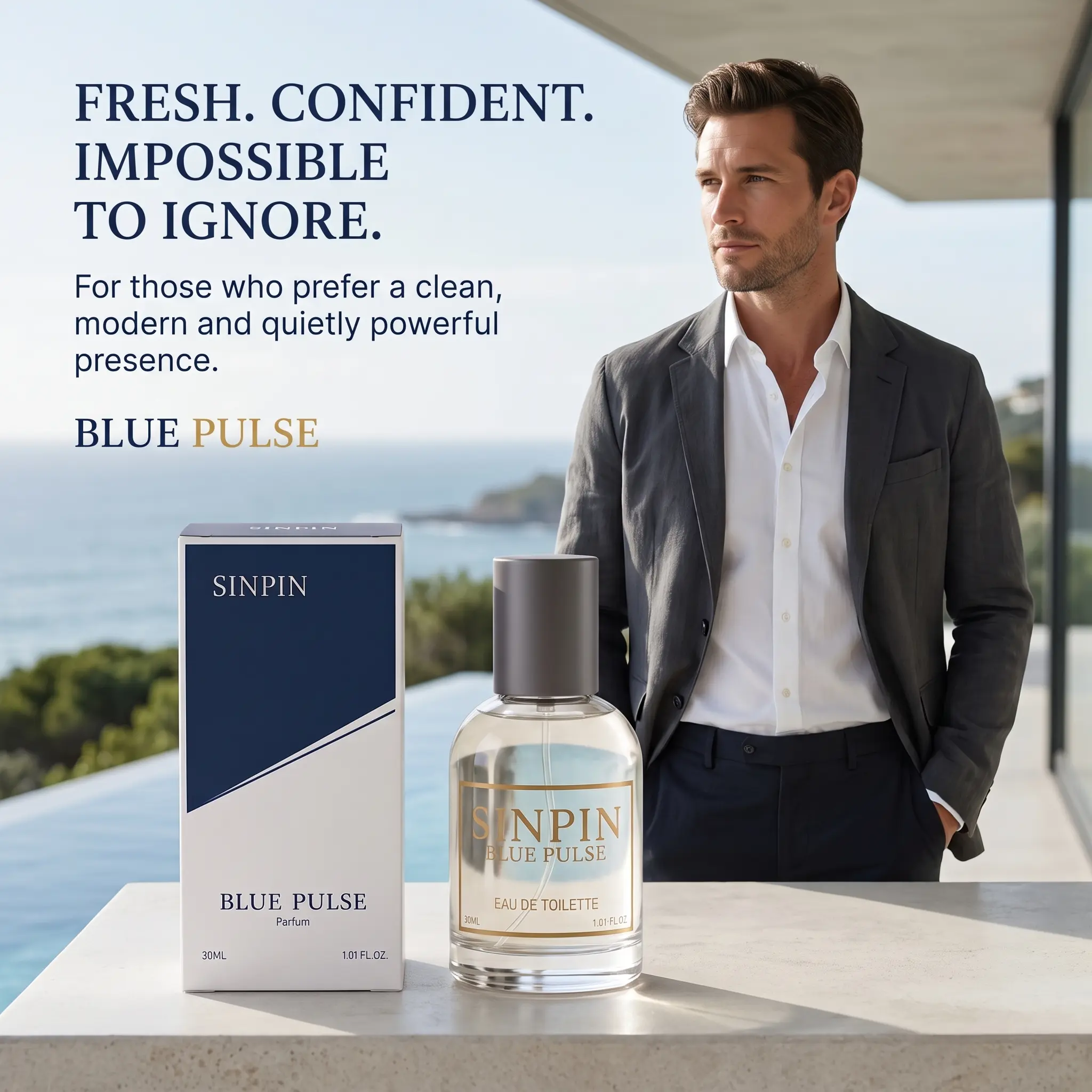 SINPIN BLUE PULSE 30mL Unisex Fragrance, Fresh Aromatic Woody Fougere Scent with Marine Freshness and Deep Woody Note