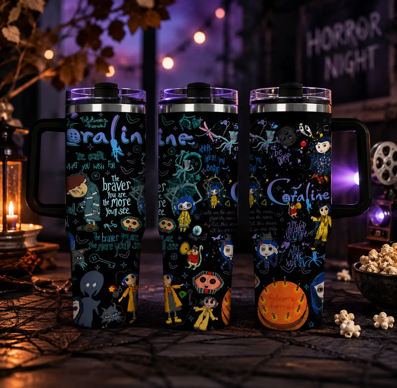 Coraline Dark Whimsical Button Eye Fantasy Insulated Tumbler with Handle and Straw For fans Flims, Reusable Travel Cup for Hot and Cold Drinks - scs18481