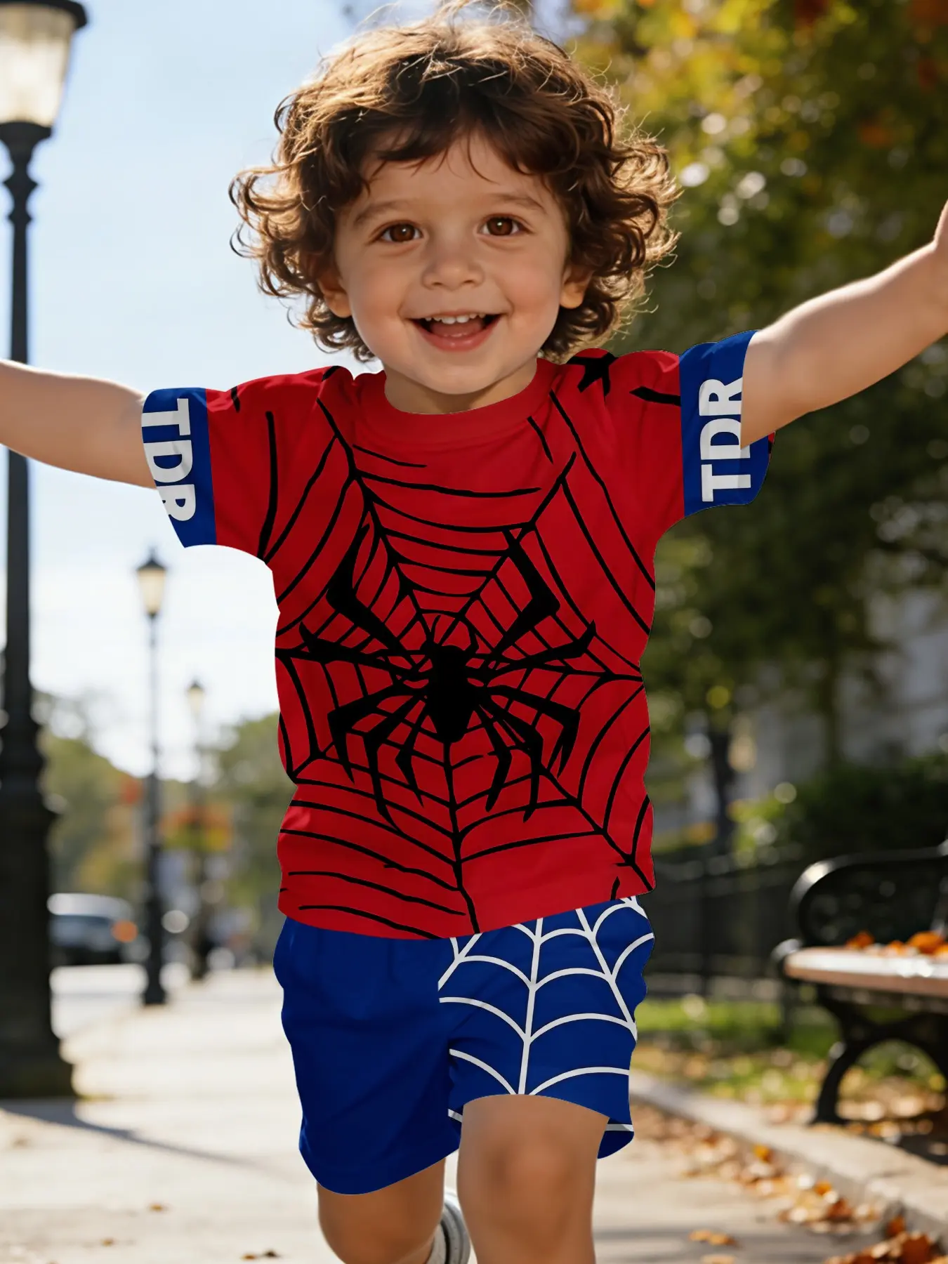 Little Spider-Man web print short-sleeve set for infants and toddlers, casual kids' wear for babies, T-shirt suitable for daily and outdoor sports, 100% polyester, a perfect gift for infants and young children!