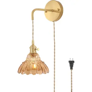 Vintage Wall Sconce with Amber Lily of the Valley Glass Shade Hanging Wall Sconce with 4.9FT Plug in Cord, Modern Wall Lamp Fixtures Decor for Bedside Bedroom Indoor Doorway