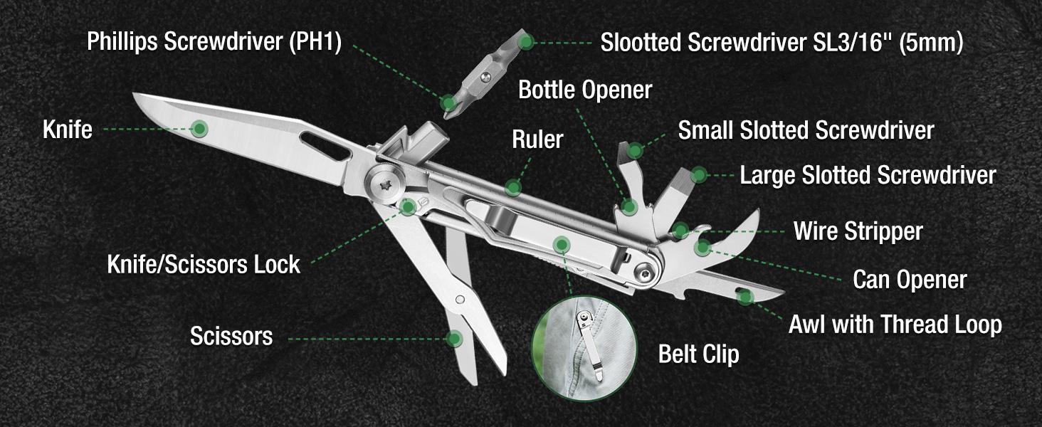 Mossy Oak 12-in-1 Multitool Pocket Knife with Pouch, Stainless Steel Multitool Knife with Clip, Survival Tools with Scissors, Bottle Opener, Wire Stripper, Glass Breaker, Screwdriv