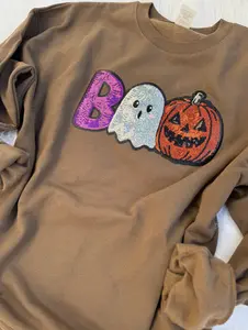 Halloween Boo Sequins Patch Sweatshirt with Ghost and Pumpkin