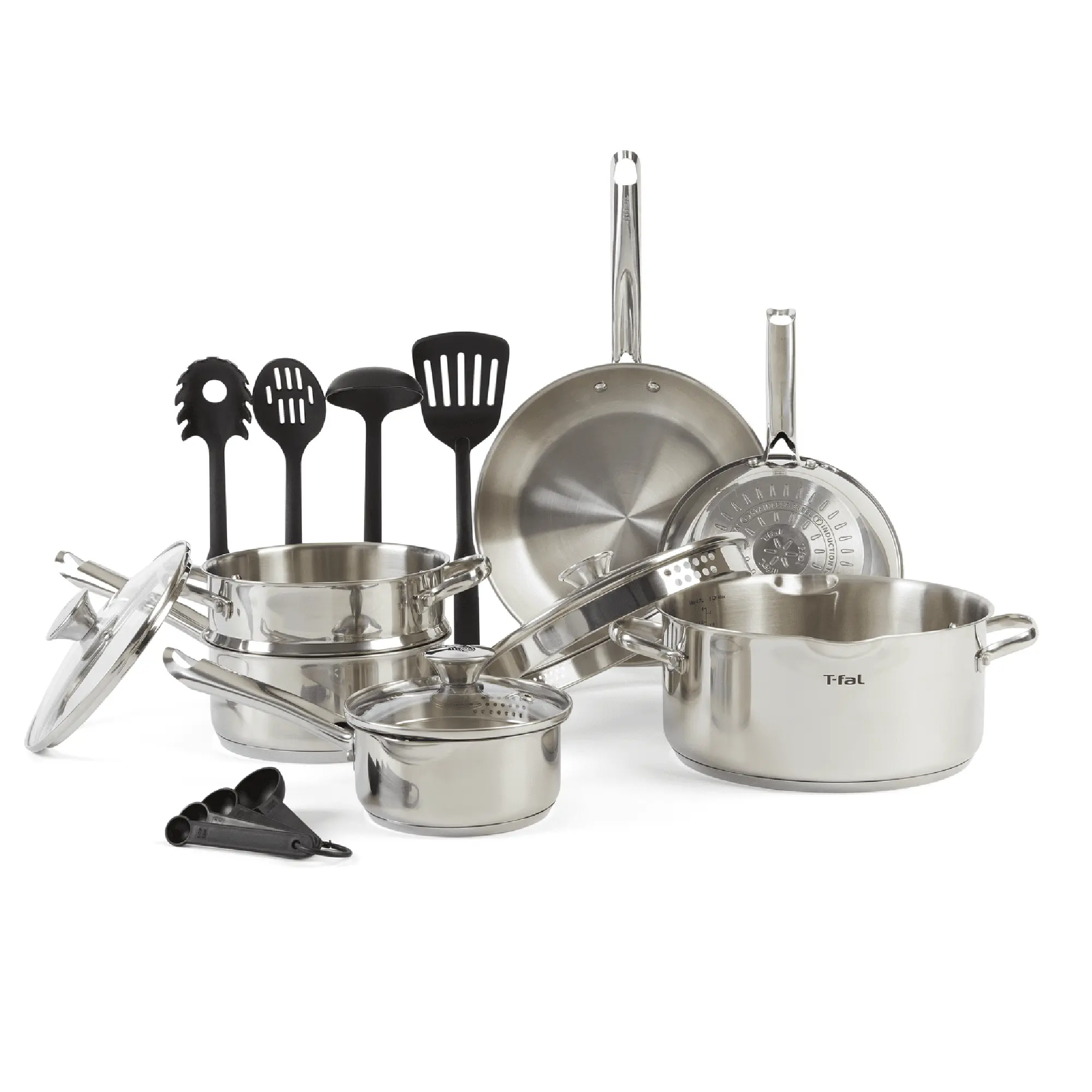 T-fal 14-Piece Stainless Steel Cook & Strain Cookware Set for Home Kitchen Use