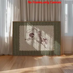 1pc, wall art, vintage poster, Western Wall Art, retro striped cowboy rodeo print, green and white plaid small fresh canvas painting, living room aesthetics, bedroom decoration, apartment decoration, housewarming gift, frameless
