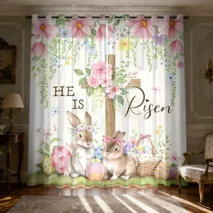 2-piece watercolor flower rabbit curtain Easter egg cross print semi-blackout curtains kitchen restaurant decoration light-blocking curtains Filter translucent curtains Home Decoration Curtain